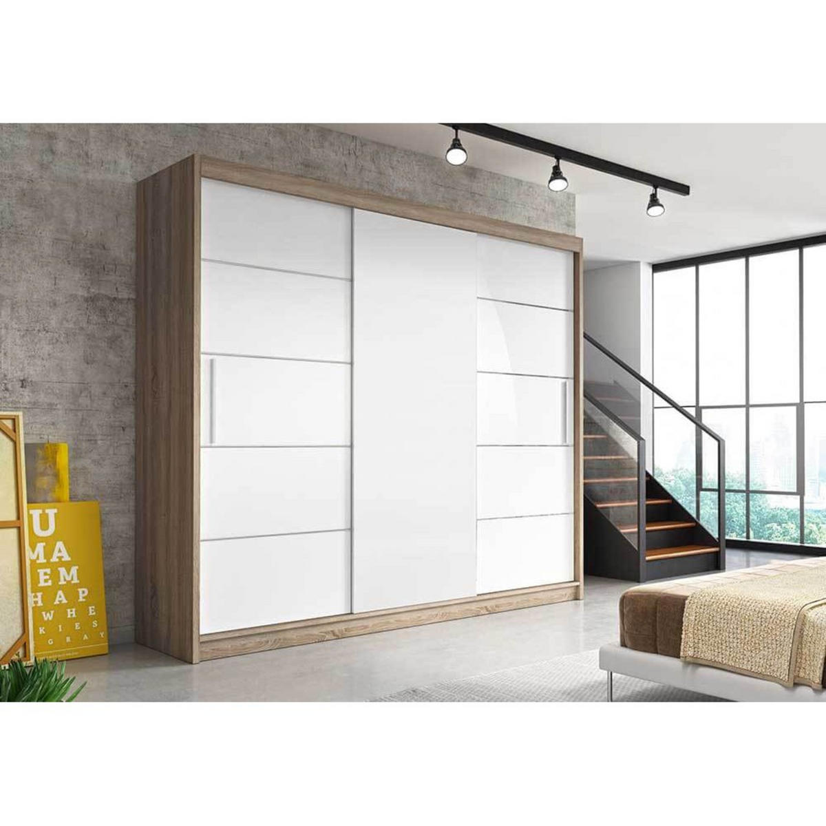 SCHIEBETÜRENSCHRANK - ELBA II Sonoma + Weiß - Schwarz/Weiß, Holzwerkstoff/Metall (250/218/61cm) - Möblo