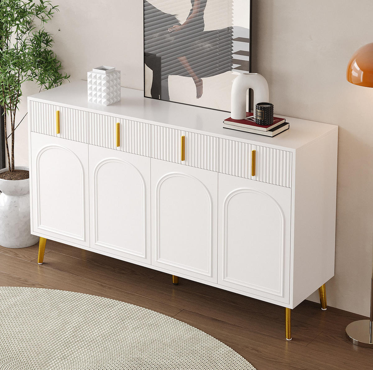 SIDEBOARD 140/38/82 cm aus MDF mit 4 Türen, 4 Schubladen und goldfarbenen Beinen Weiß - Weiß, Holzwerkstoff (140/82/38cm) - Modenvie