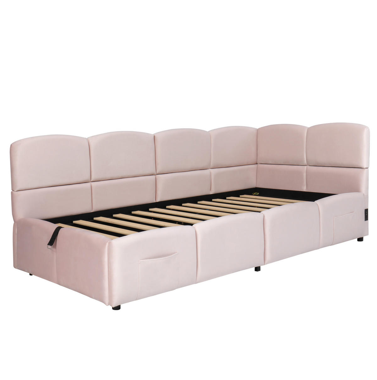 POLSTERBETT 90/200 cm mit hydraulischem Stauraum, USB-A/USB-C und Seitentaschen, Samt, Rosa - Rosa, Textil (90/200cm) - Redom
