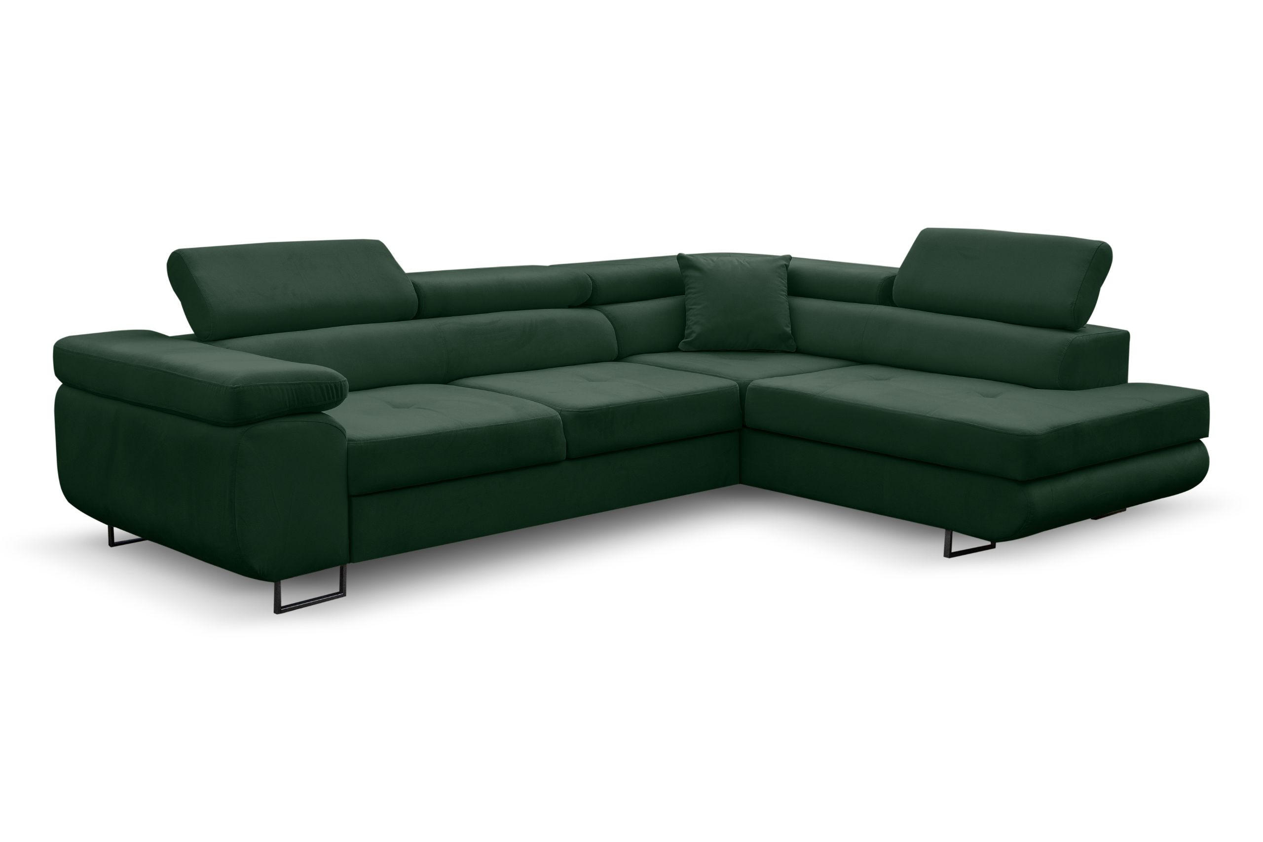 ECKSOFA Jerry in L-Form mit Schlaffunktion und Bettkasten, Farbe: Grün, Veloursstoff, Ottomane Rechts - Grün, Textil (275/202cm) - VENASI MÖBEL