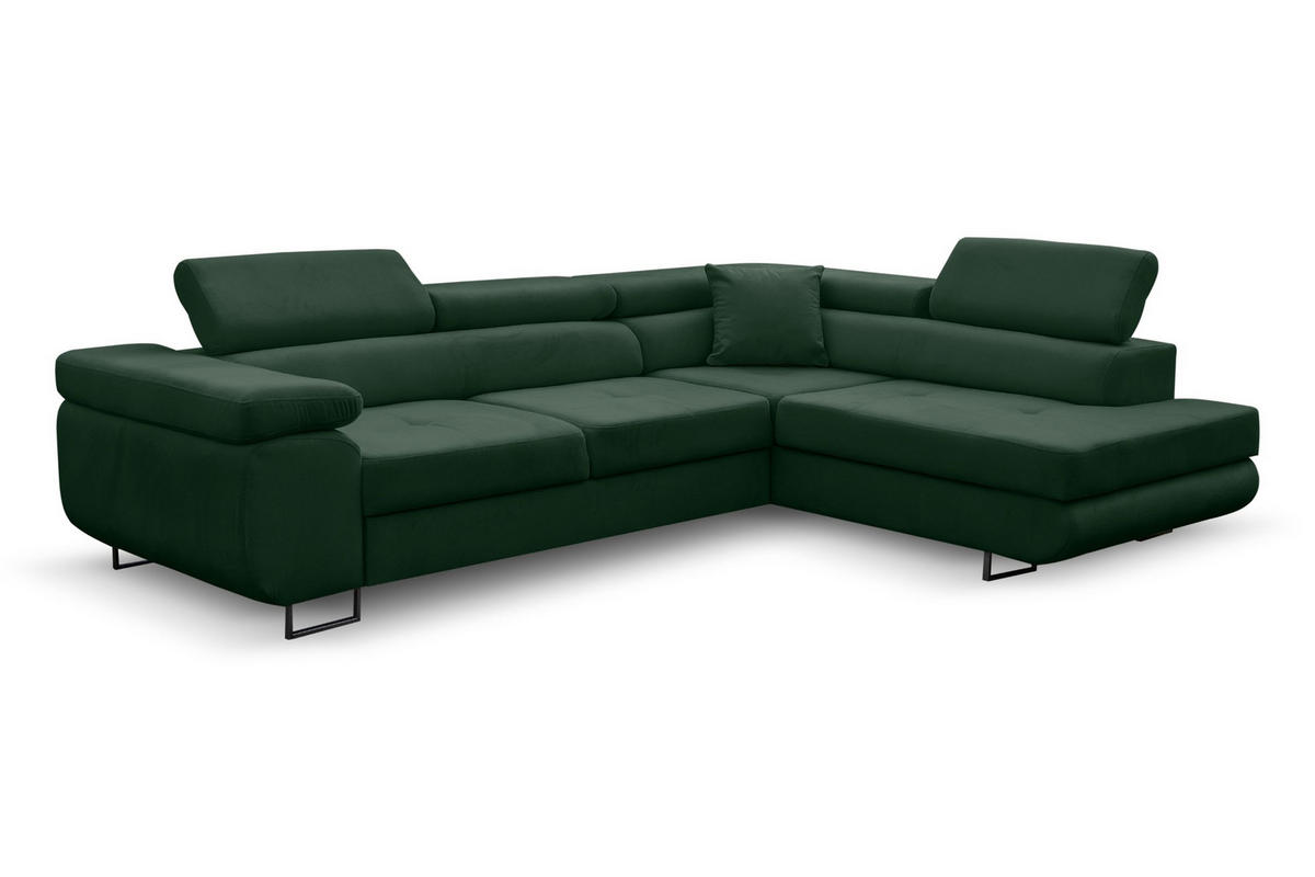ECKSOFA Jerry in L-Form mit Schlaffunktion und Bettkasten, Farbe: Grün, Veloursstoff, Ottomane Rechts - Grün, Textil (275/202cm) - VENASI MÖBEL