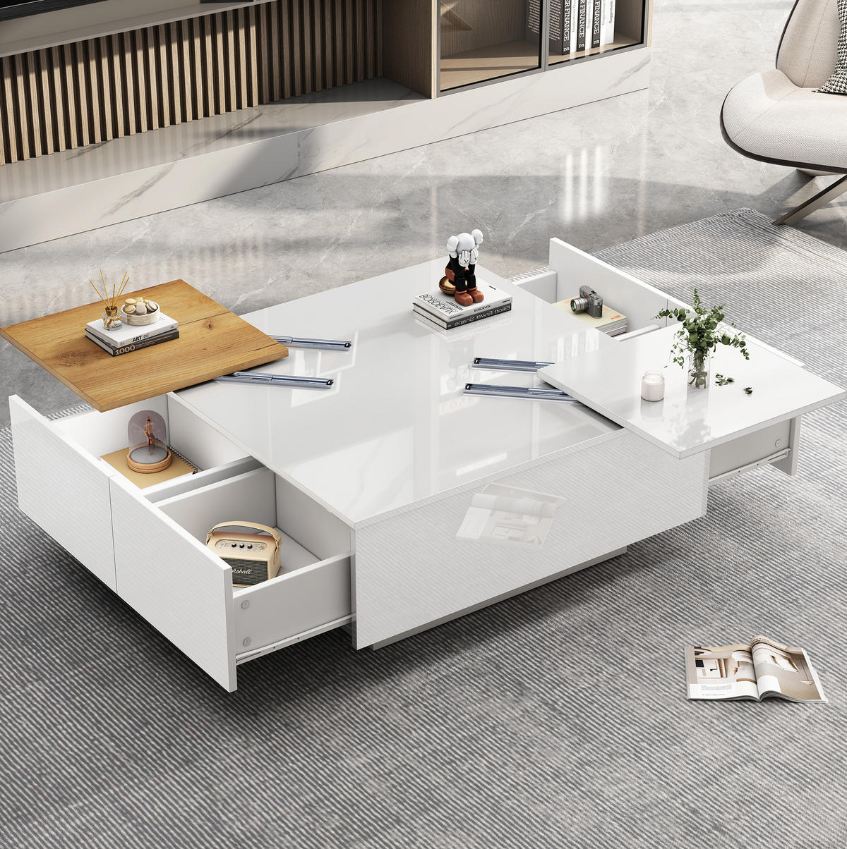COUCHTISCH aus Spanplatte 75x75x33,5 cm in Weiß mit 4 Schubladen - Weiß, Holzwerkstoff (75/75/33cm) - Modfu