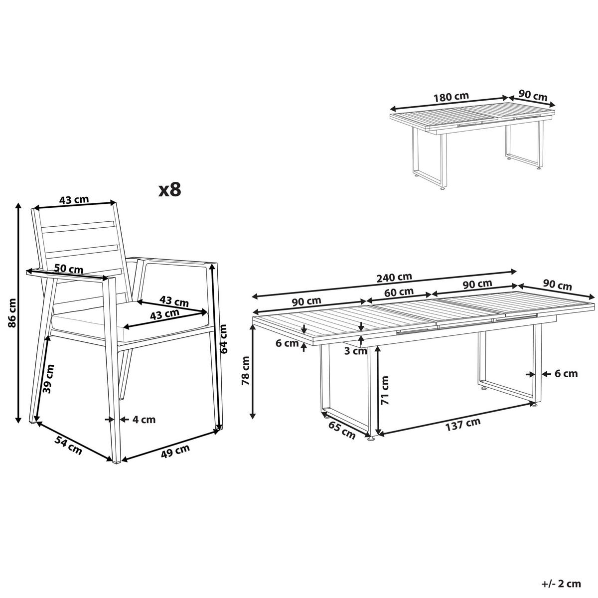 GARTENMÖBEL SET 8-Sitzer Aluminium schwarz Auflagen grau Valcanetto/Taviano - Hellbraun/Schwarz, Metall - Beliani