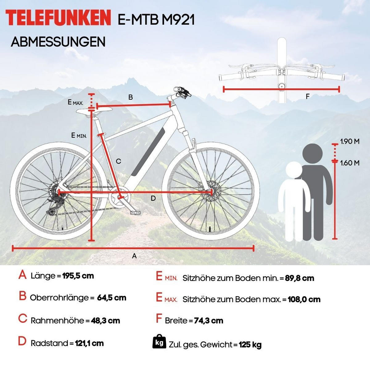E-BIKE Mountainbike Aufsteiger M921 Für Damen u. Herren 468 Wh Heckmotor 7-Gang-Kettenschaltung 29 Zoll - Grau, Metall (114.6cm) - Telefunken