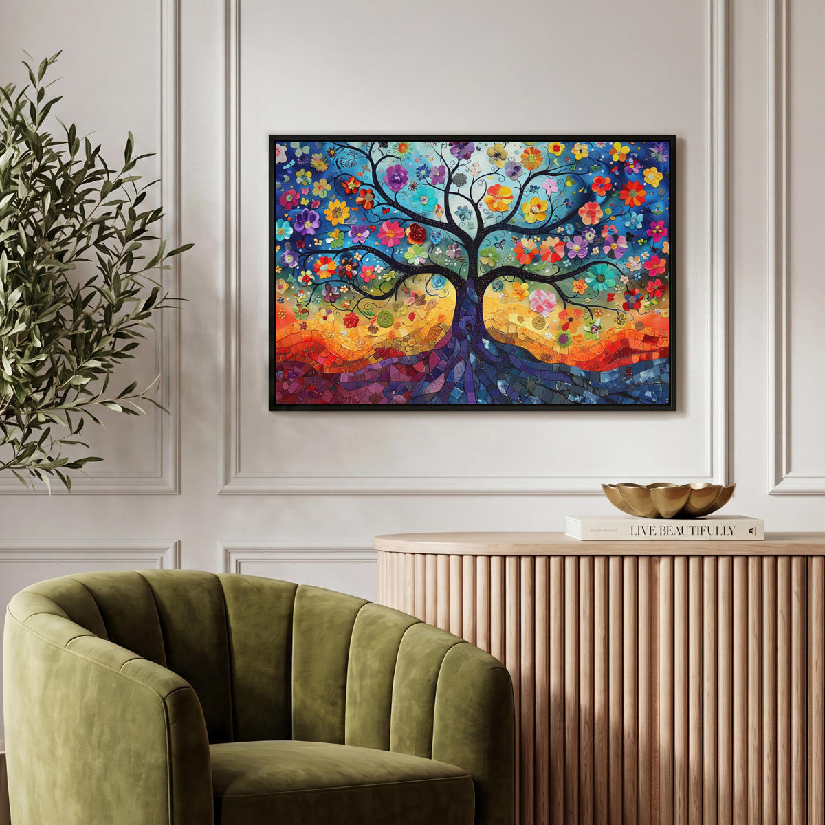 LEINWAND Bilder mit Rahmen - Kunst - Baum des Lebens - Blumen - Hippie - 60x40 - Dunkelblau, Textil (60/40cm) - MuchoWow