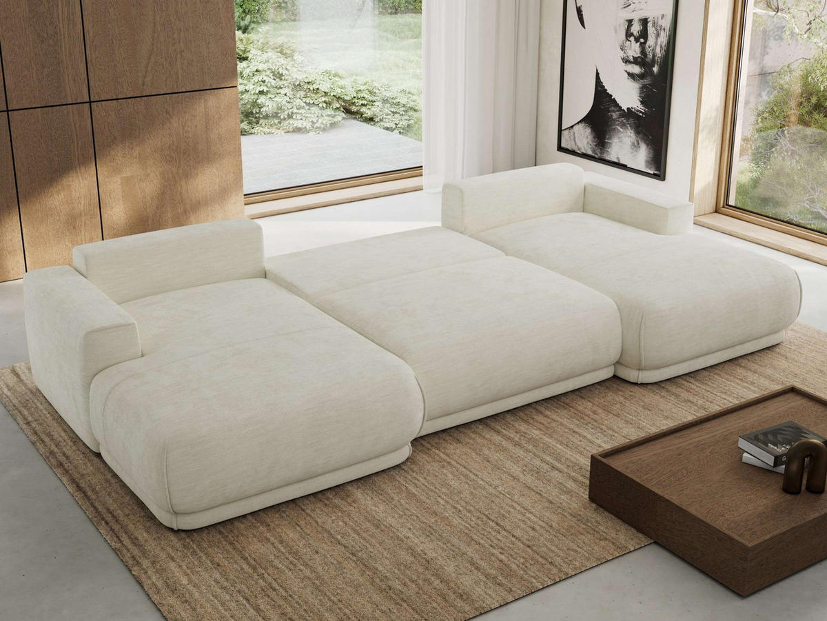 WOHNLANDSCHAFT RINA U Creme Schenille glatt - Creme/Schwarz, Kunststoff/Textil (360/85/170cm) - MKS