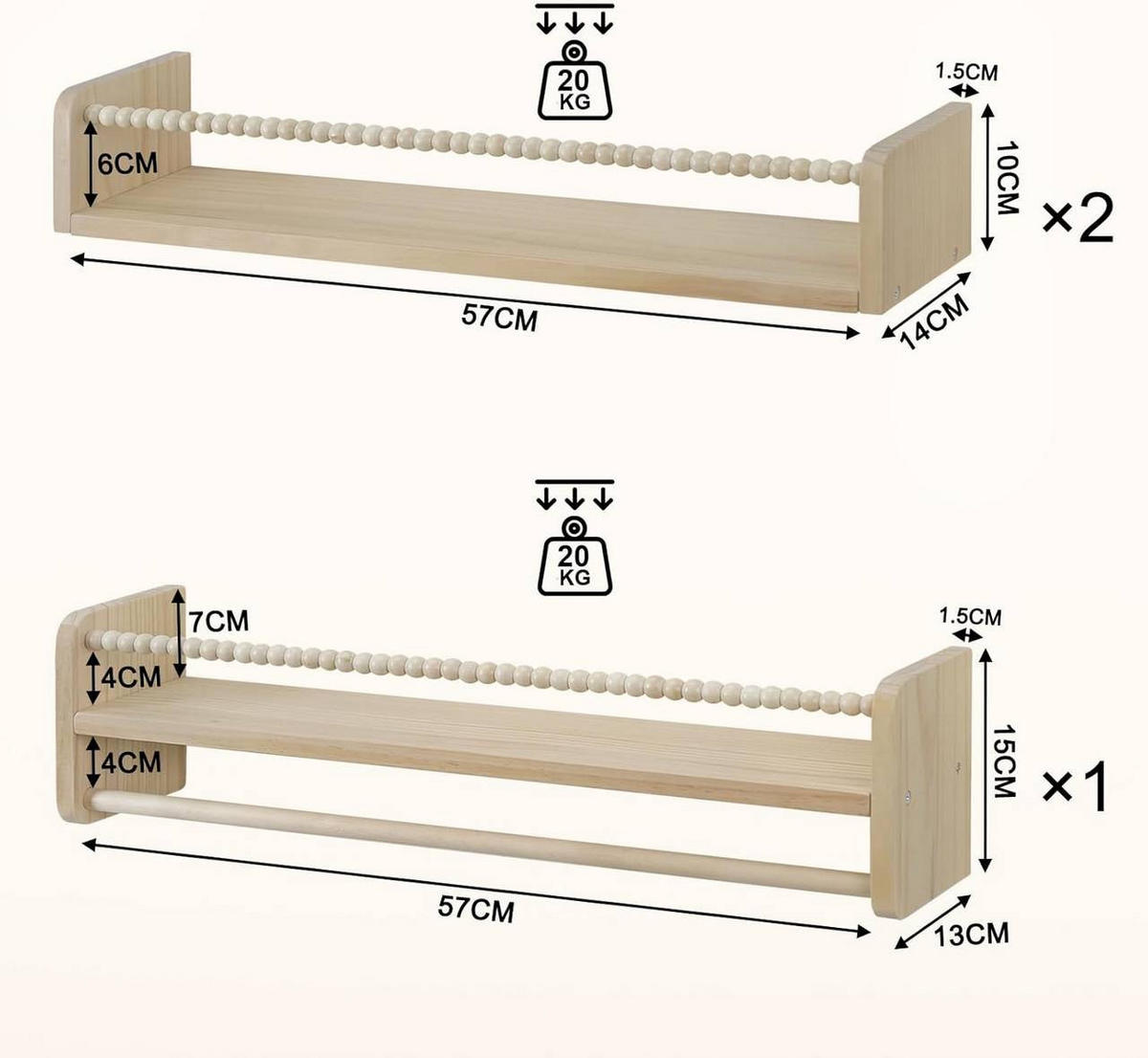 KINDER-WANDREGAL 3er Set, Massivholz, 60 x 15 x 14 cm - Naturfarben, Holz (60/15/14cm) - Woltu