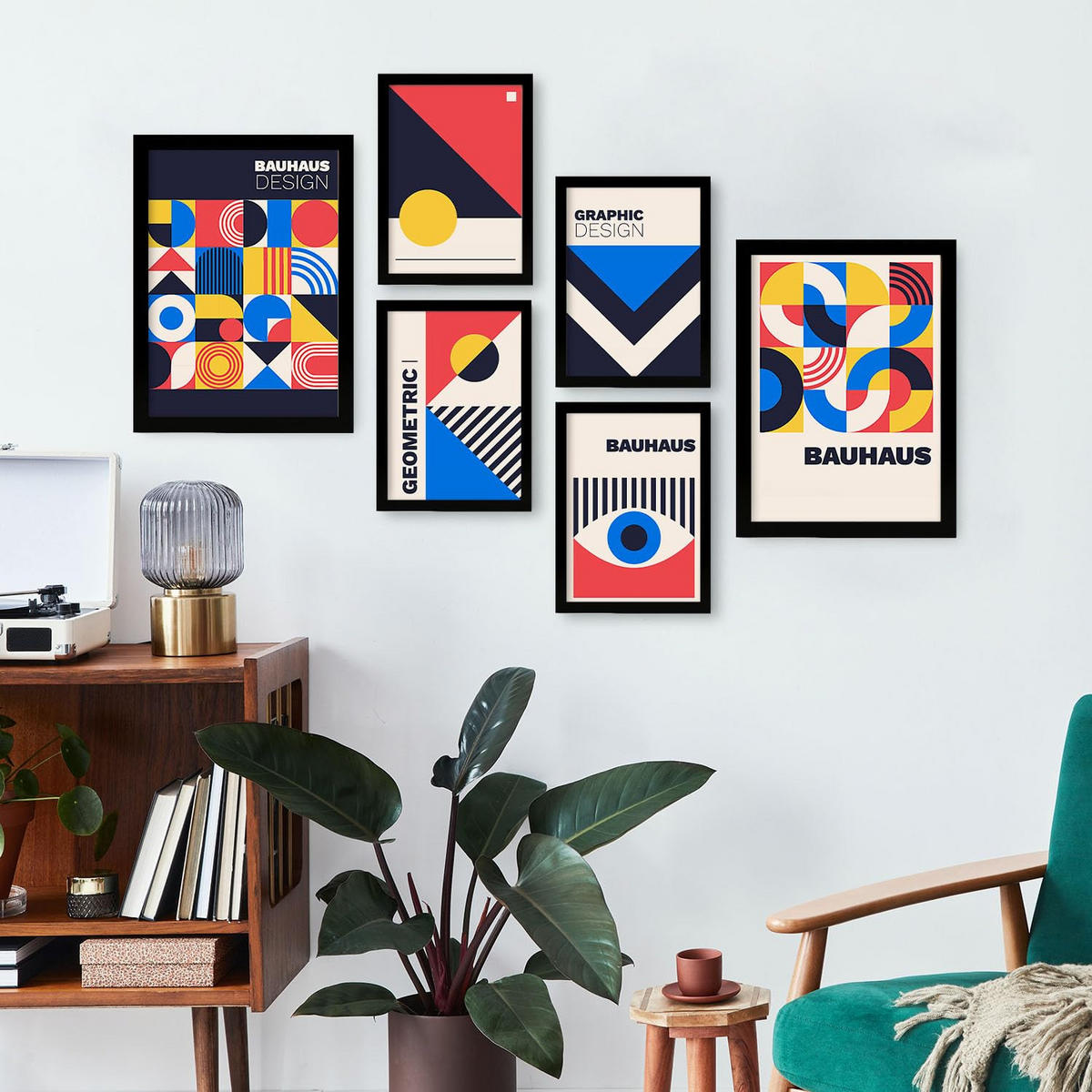 POSTER Set Mit 6 Drucken Im Bauhaus 4 Geometrische Designkollektion Drucke Mit Ästhetische Dekorative Rahmen Für Zuhause A3 & A4 Schwarzer Rahmen - Schwarz, Papier (29/3cm) - Nacnic