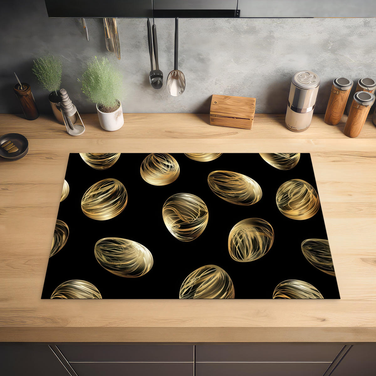 HERDABDECKPLATTE Eier - Gold - Muster Herdabdeckung Induktionsfeld 75x52 cm - Schwarz, Kunststoff (75/52/0.2cm) - MuchoWow
