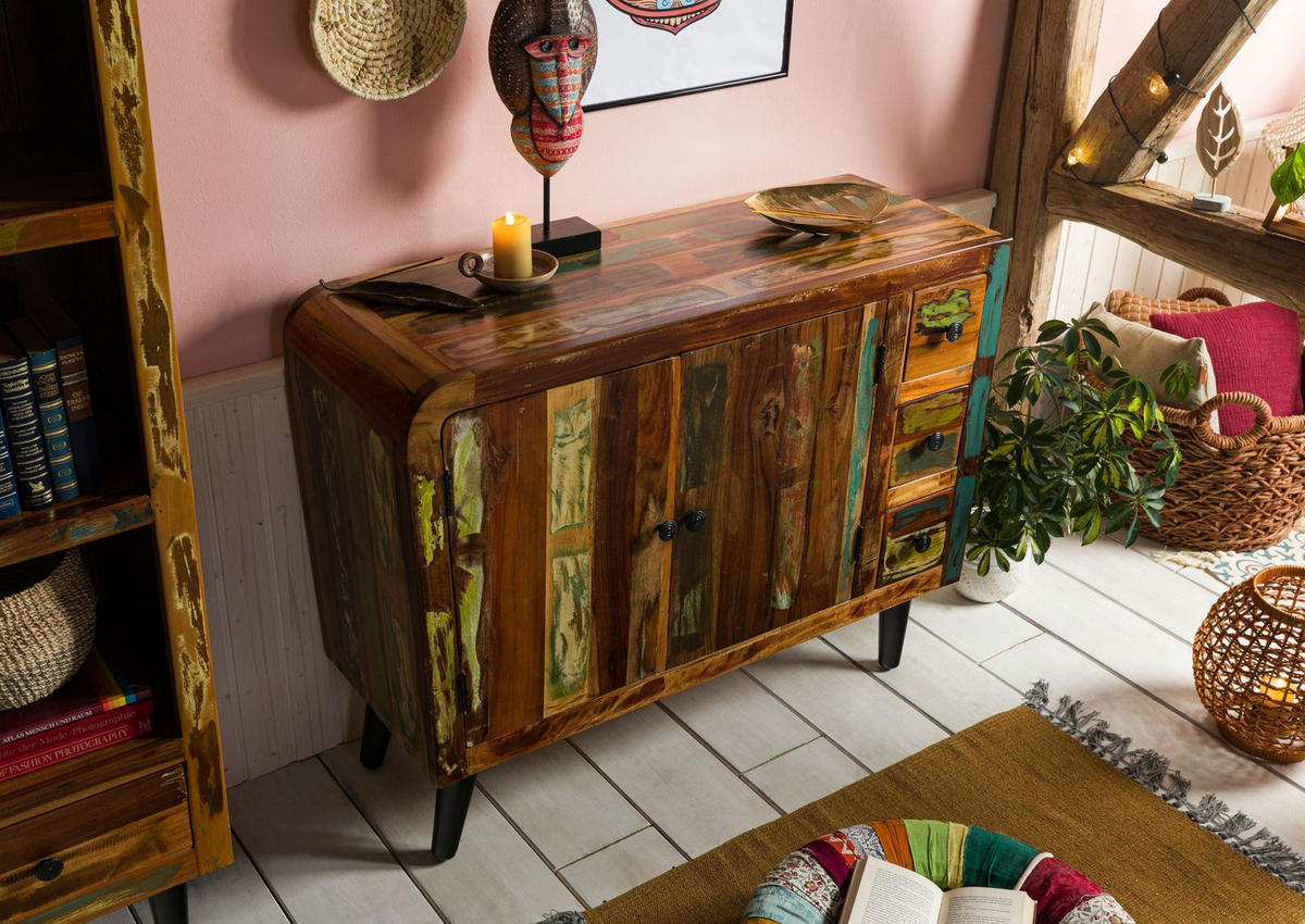 KOMMODE Altholz 110x40x86 mehrfarbig lackiert SIXTIES #112 - Multicolor, Holz (110/86/40cm) - Massivmoebel24