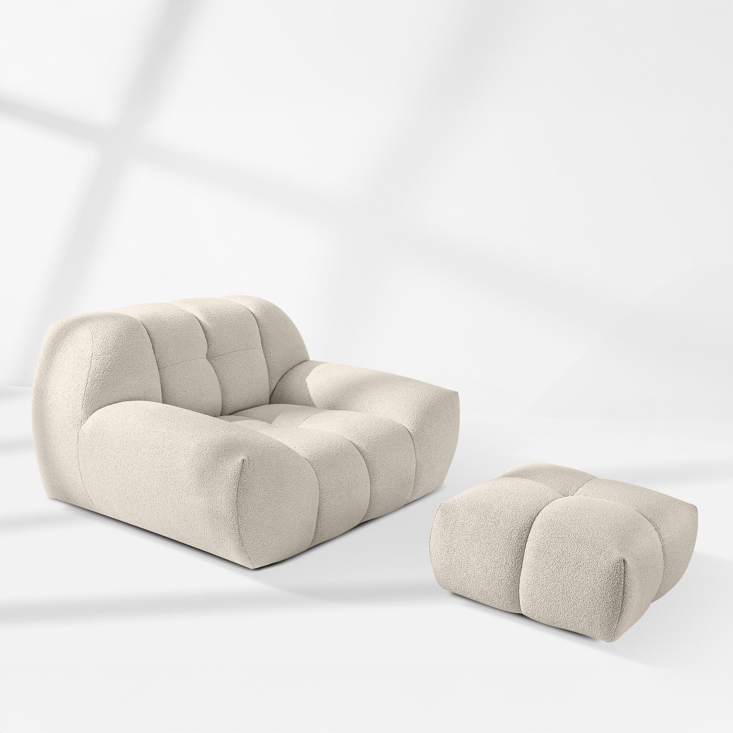 SESSEL VENA mit Pouf Bouclé, Weiß - Weiß, Holz/Textil (65/38/65cm) - KONSIMO®