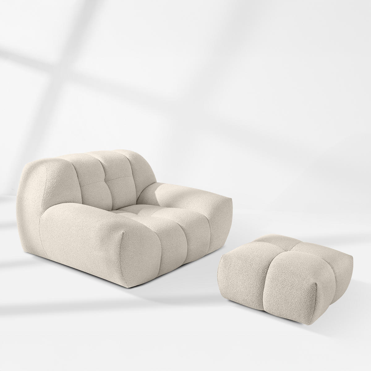 SESSEL VENA mit Pouf Bouclé, Weiß - Weiß, Holz/Textil (65/38/65cm) - KONSIMO®