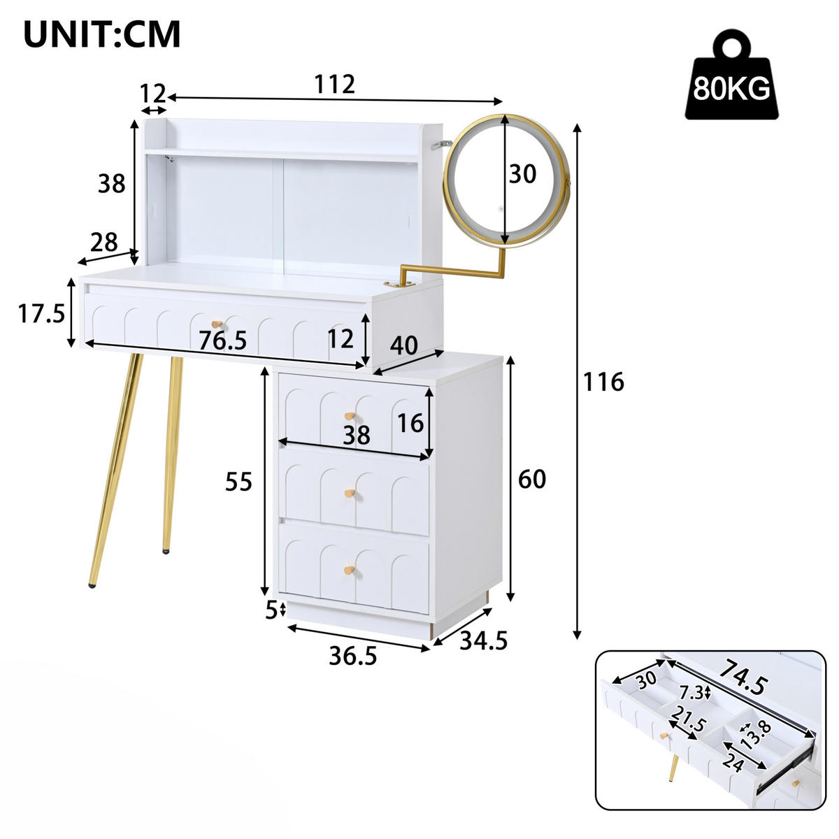 SCHMINKTISCH 112/34,5/116 cm weiß aus MDF mit LED-Spiegel - Weiß, Holzwerkstoff (34.5/116/112cm) - OKWISH