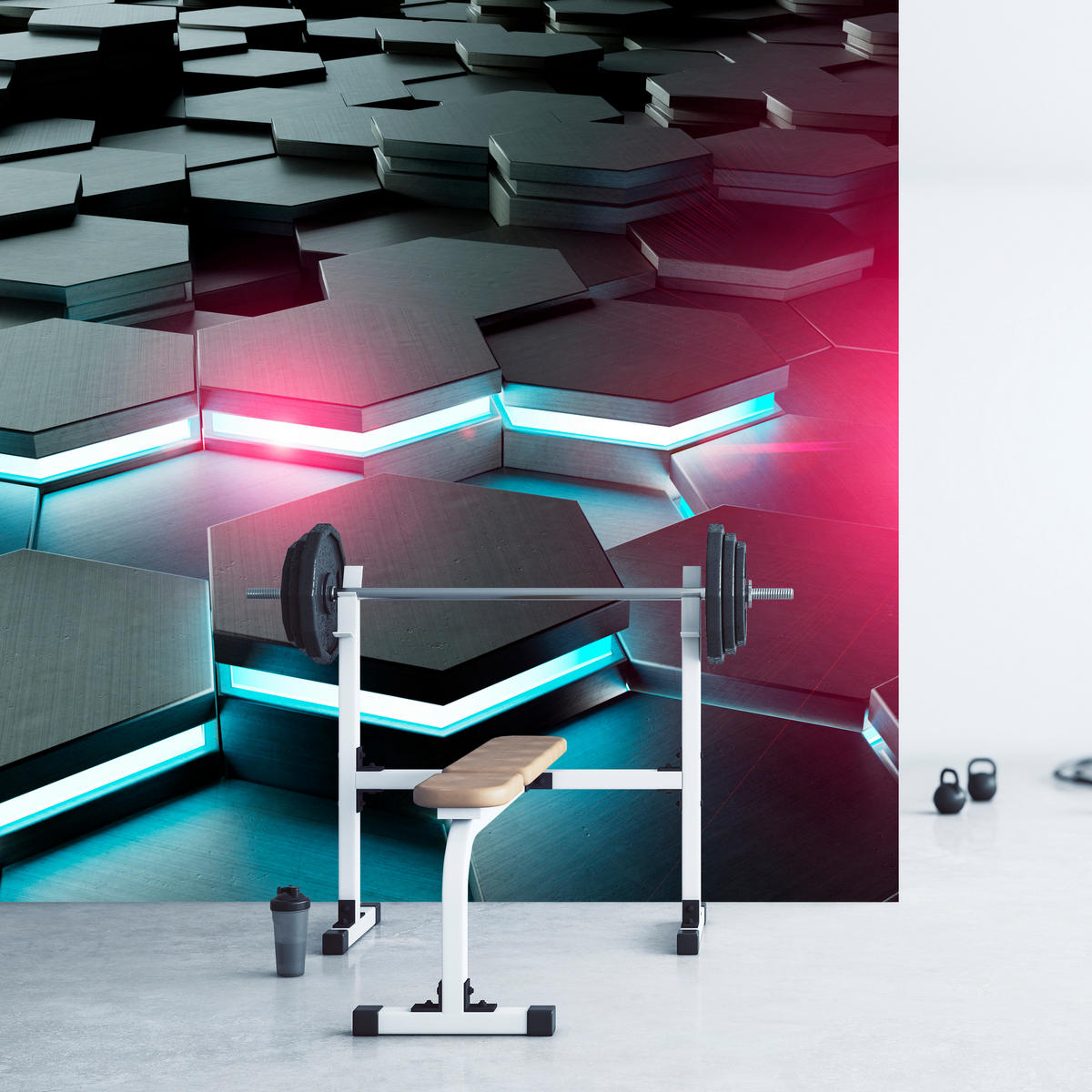 FOTOTAPETE für Büro Schwarz Hexagone Neon Rosa Blau Formen Geometrie 150x105 - Blau/Schwarz, Papier (150/105cm) - Muralo