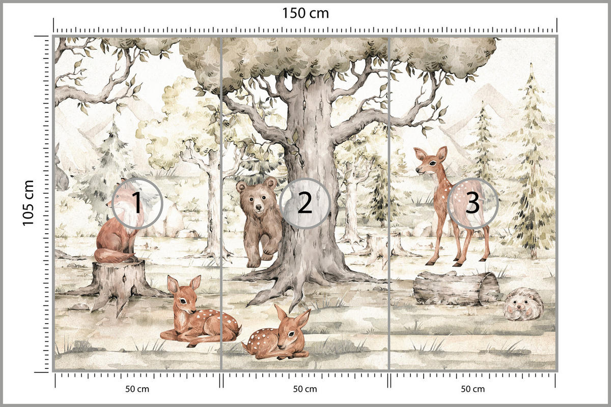 FOTOTAPETE für Kinderzimmer Waldtiere Aquarell Bär Fuchs Reh Bäume 150x105 - Beige/Orange, Papier (150/105cm) - Muralo