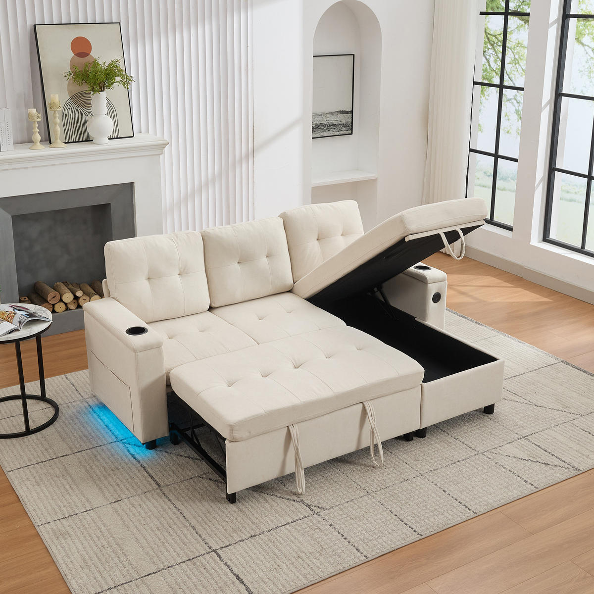 ECKSOFA L Form Schlafsofa Stauraum LED 3-Sitzer Beige 208cm - Beige, Textil (208/146cm) - FLIEKS