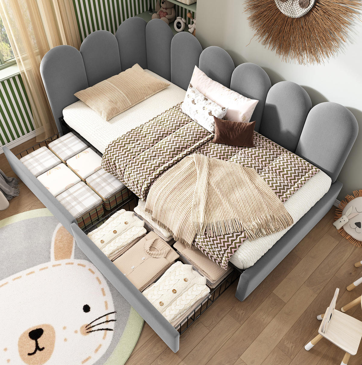BETT mit 2 Schubladen und Lattenrost 90x190 cm Samt Grau - Grau, Metall (90/190cm) - Beauniv