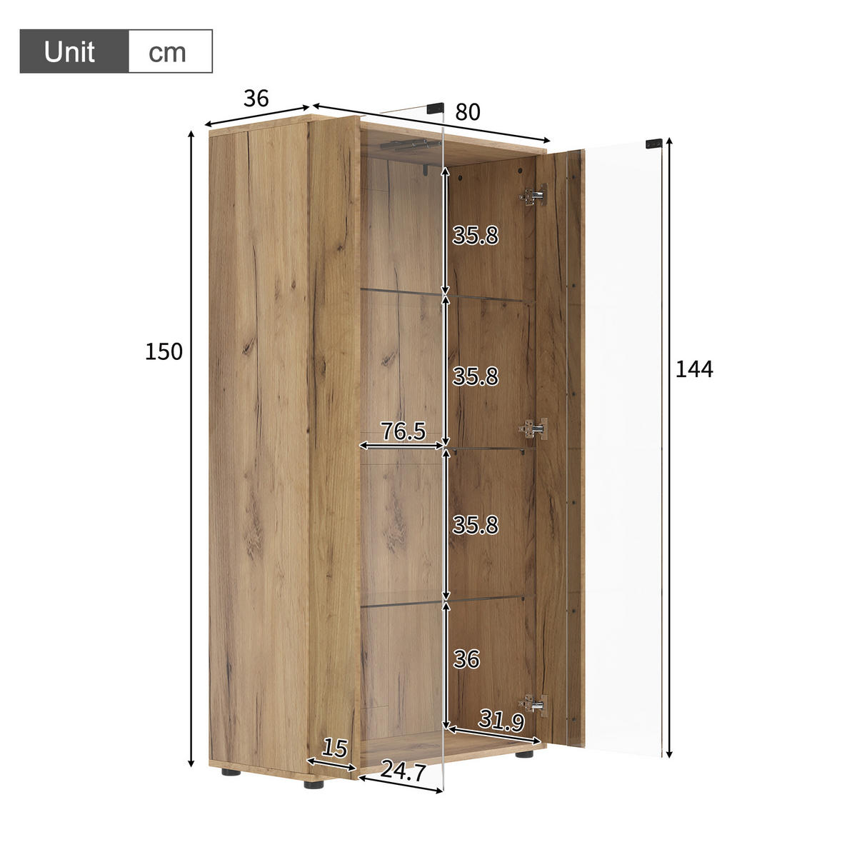 VITRINE 80x36x150,5 cm Natur mit LED und 2 Türen - Naturfarben, Holzwerkstoff (80/150.5/36cm) - FLIEKS