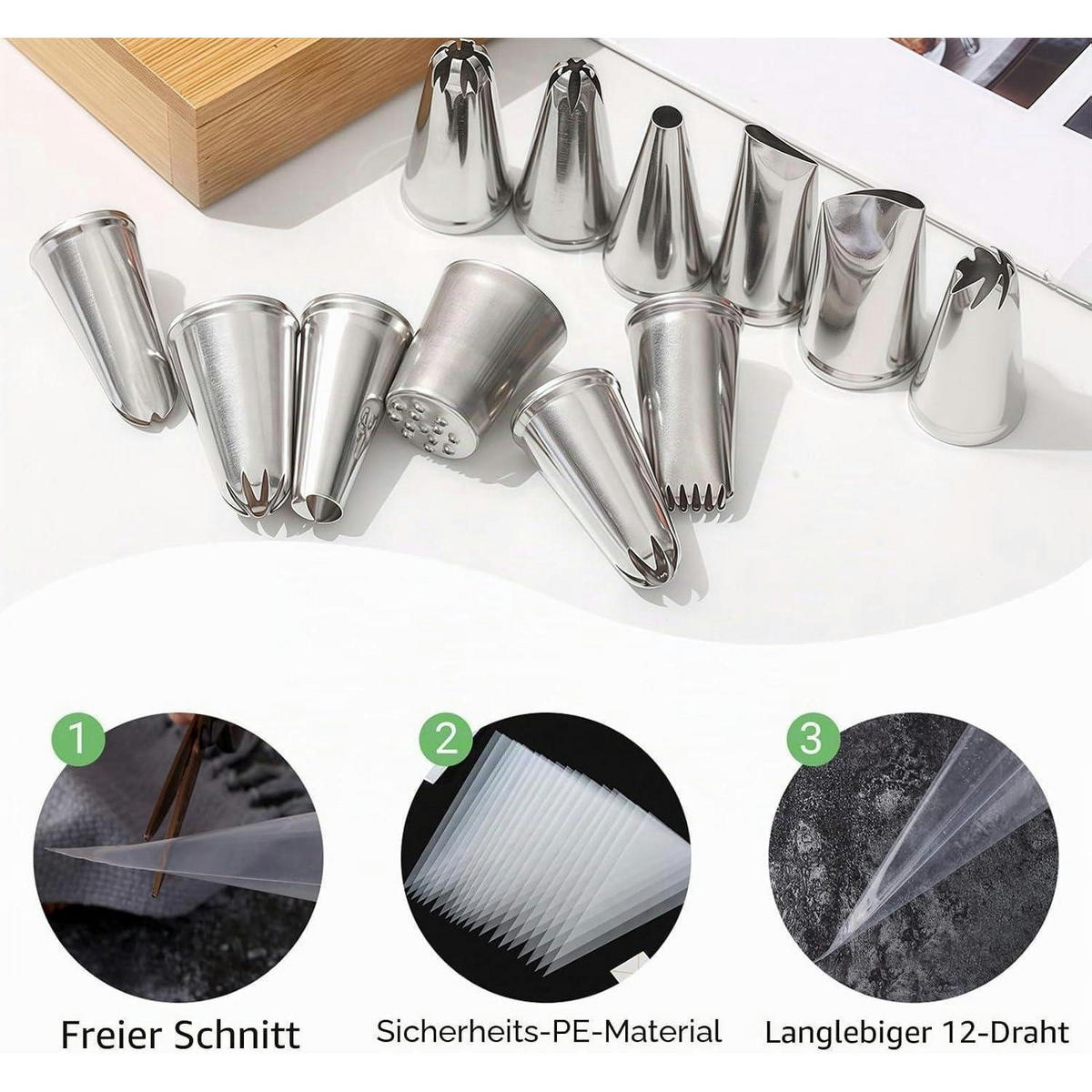 SPRITZTÜLLEN Set 12-teilig mit 50 Einweg-Spritzbeuteln Edelstahl - Silberfarben, Metall (15.5/2/30cm)