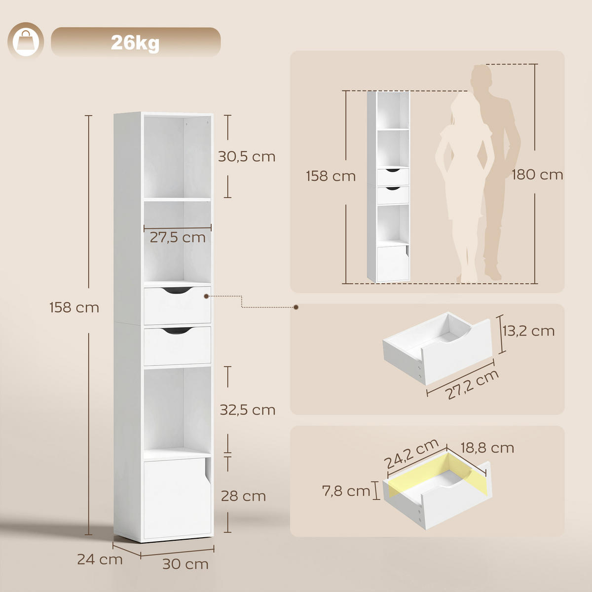 BÜCHERREGAL Spanplatte MDF Weiß - Weiß, Holzwerkstoff (24/158/30cm) - HOMCOM