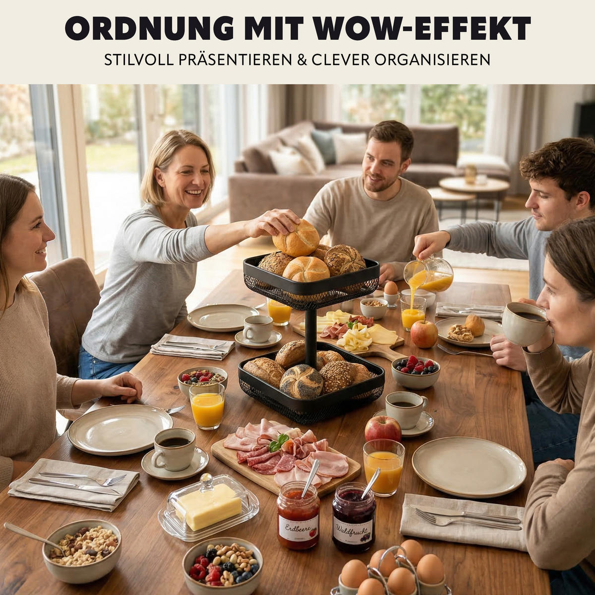 OBSTETAGERE, eckig, 2-stöckig, Ø 20 cm und 25 cm, schwarz, Metall - Schwarz, Metall (30cm) - eluno