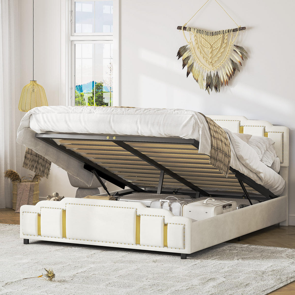 POLSTERBETT 160/200 cm mit LED-Beleuchtung und hydraulischem Bettkasten, Beige - Beige, Textil (160/200cm) - Redom