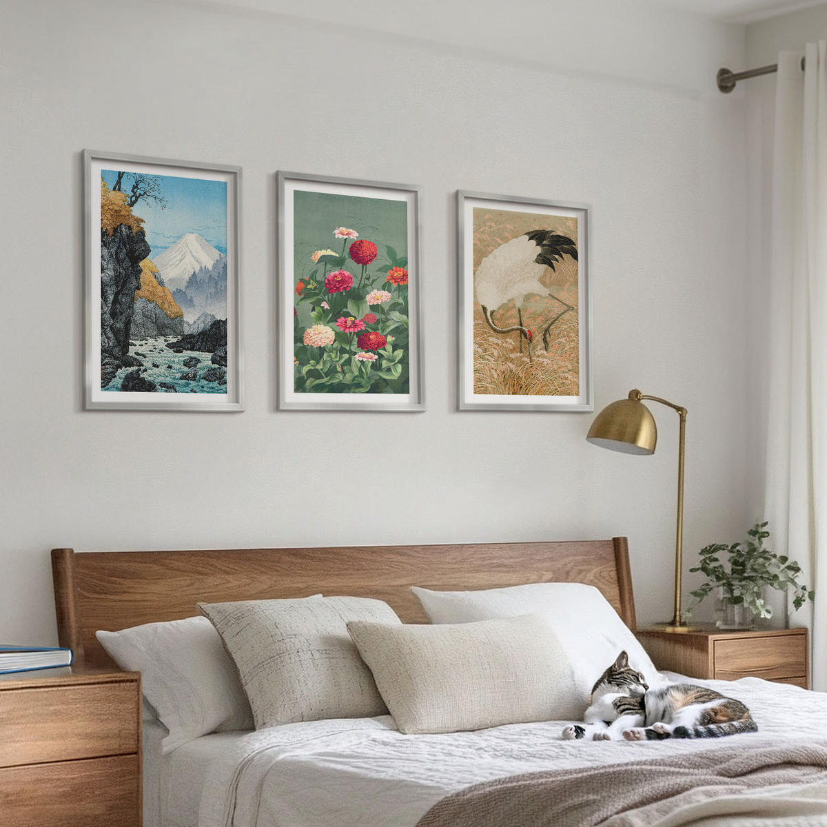 BILDER SET 3er Set - 40x60 cm Silberner Rahmen - Berglandschaft, Fluss, Blumen, Kraniche - Silberfarben, Kunststoff (40/60cm) - TULUP