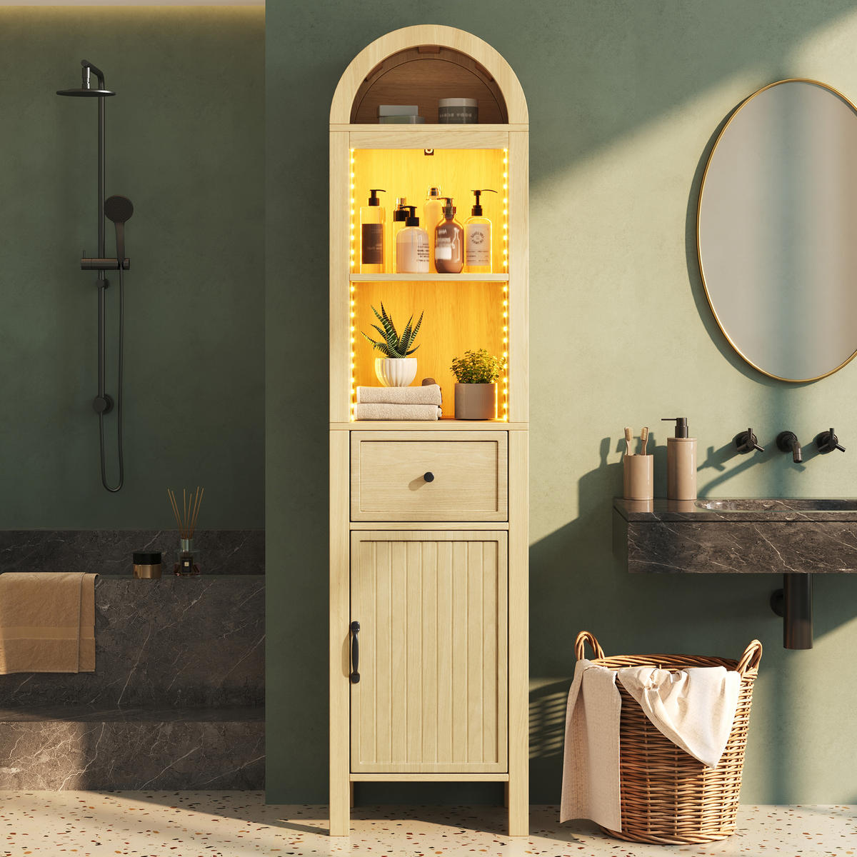 HOCHSCHRANK 40/30/163 cm Naturholz mit 1 Schubladen und LED - Naturfarben, Holz/Holzwerkstoff (30/163/40cm) - Oxeza