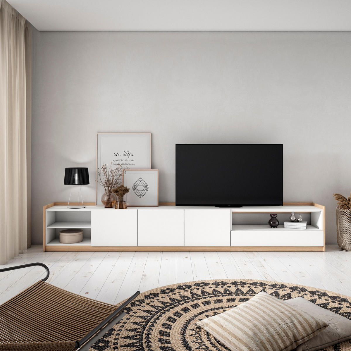 TV-SCHRANK, Lowboard, Weiß und Eiche Soft, 310/37/50cm - Weiß, Holzwerkstoff (310/50/37cm) - Skraut Home