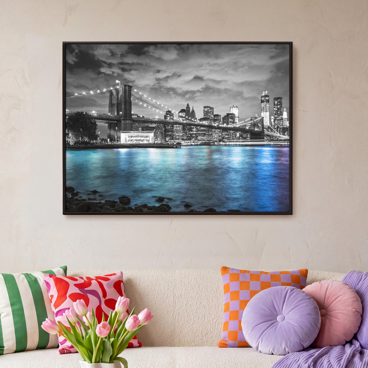 LEINWAND Bilder mit Rahmen - New York - Skyline - Stadt - Blau - 100x70 - Blaugrau, Textil (100/70cm) - MuchoWow