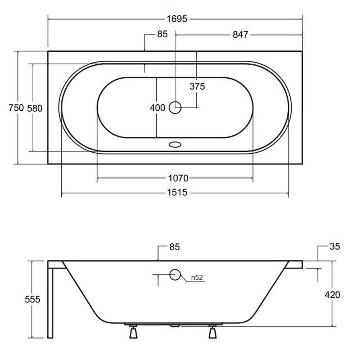 BADEWANNE Rechteck VITAE 170/75 + Träger + Ablage + Kopfstütze Ablauf Füße - Weiß, Kunststoff (75/55.5/170cm) - bad land