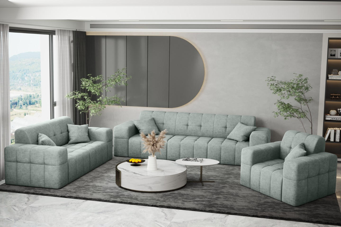 SITZGARNITUR 3+2+1 NIMES Stoff Perfect Harmony Mintz - Mintgrün, Holz/Textil (245/82/92cm) - Kaiser Möbel