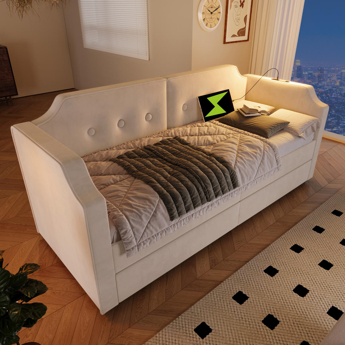 POLSTERBETT 90/200 cm Beige mit USB-Type-C Leselicht und 2 Stauraum Schubladen - Beige, Textil (90/200cm) - OKWISH