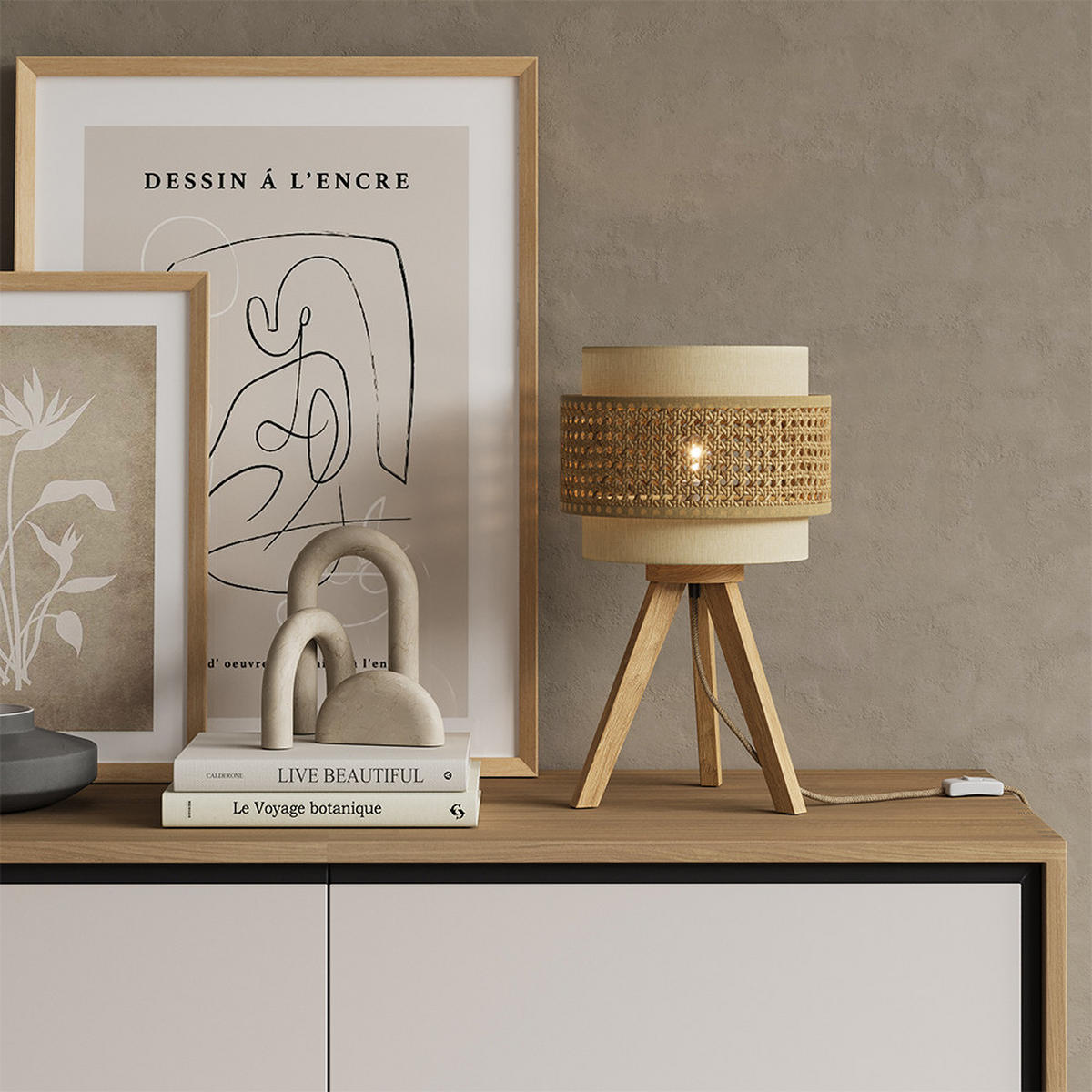TISCHLAMPE Morten Rattan/Creme 26 x 45 cm mit Standfuß - Creme/Braun, Holz (26/26/45cm) - Vicco