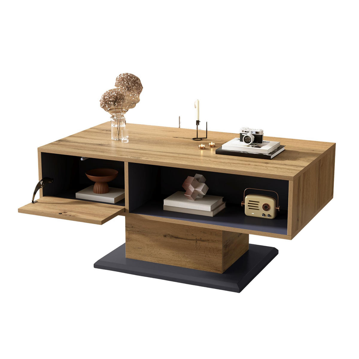 COUCHTISCH in Eiche-Optik & Grau Mit Klappfach & beidseitigem Stauraum - Grau, Holzwerkstoff (50/100/46.5cm) - Urban Meuble