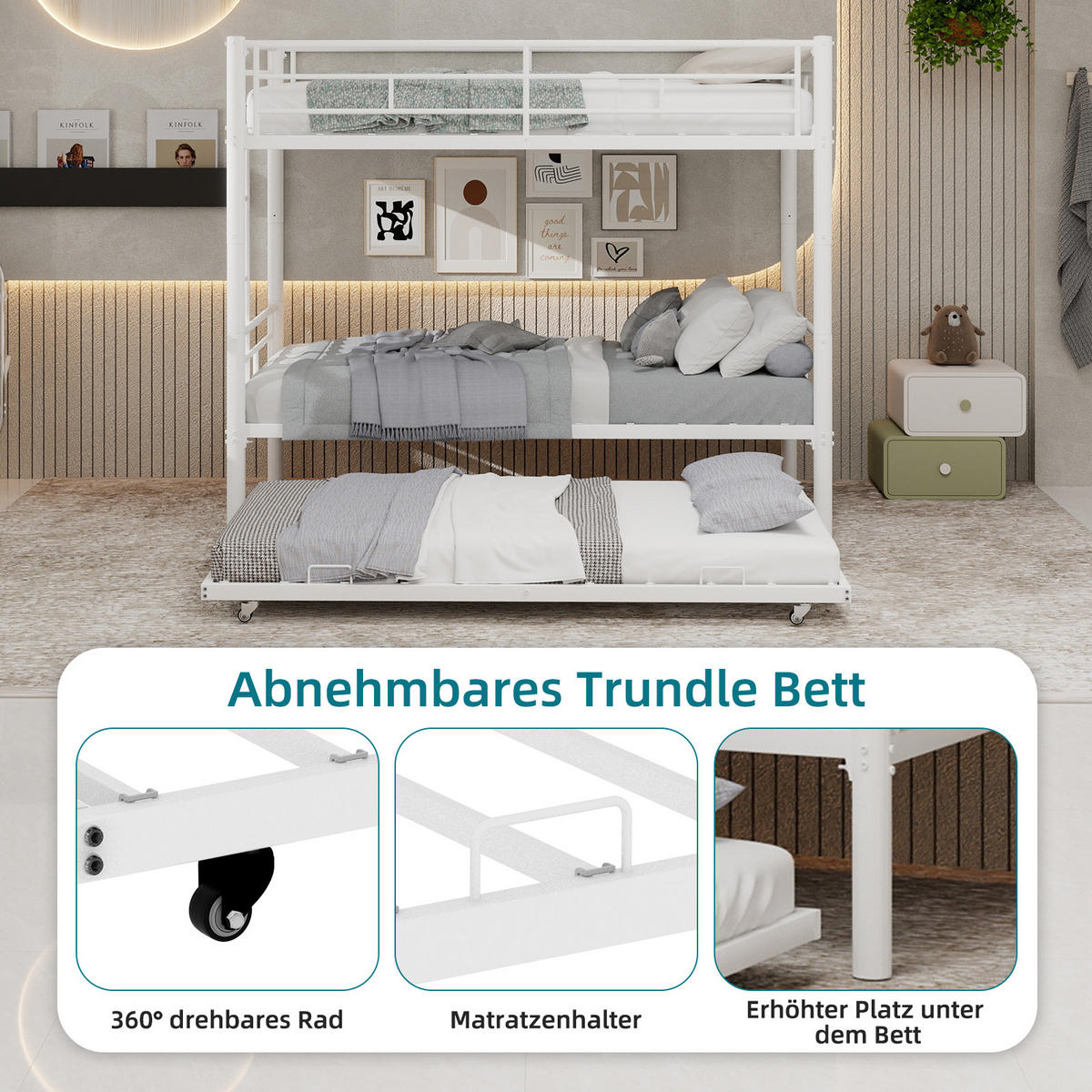 ETAGENBETT 90/200 cm Weiß mit Ausziehbett und Leiter - Weiß, Metall (90/200cm) - Oxeza