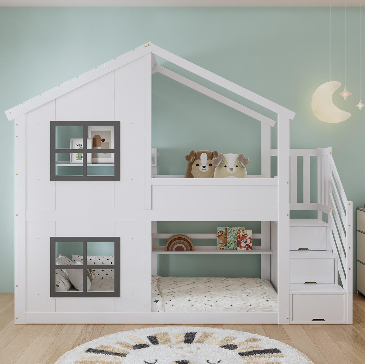 ETAGENBETT 90/200 cm mit Treppenregal, Fenstern und Dach, Kiefer/MDF, Weiß/Grau - Weiß, Holz (90/200cm) - Redom