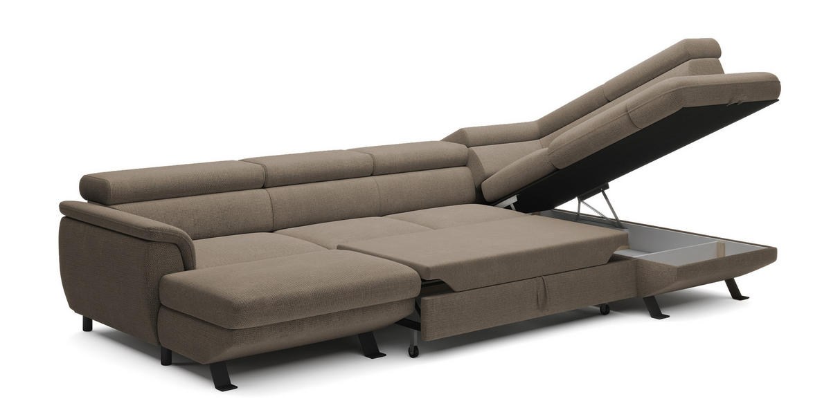 ECKSCHLAFSOFA Raven XL, Verstellbaren Kopfstützen, Bettkasten, Großes Sofa 334x198x162cm Rechte, Beige - Beige, Holz/Textil (334/198cm) - DomoHome