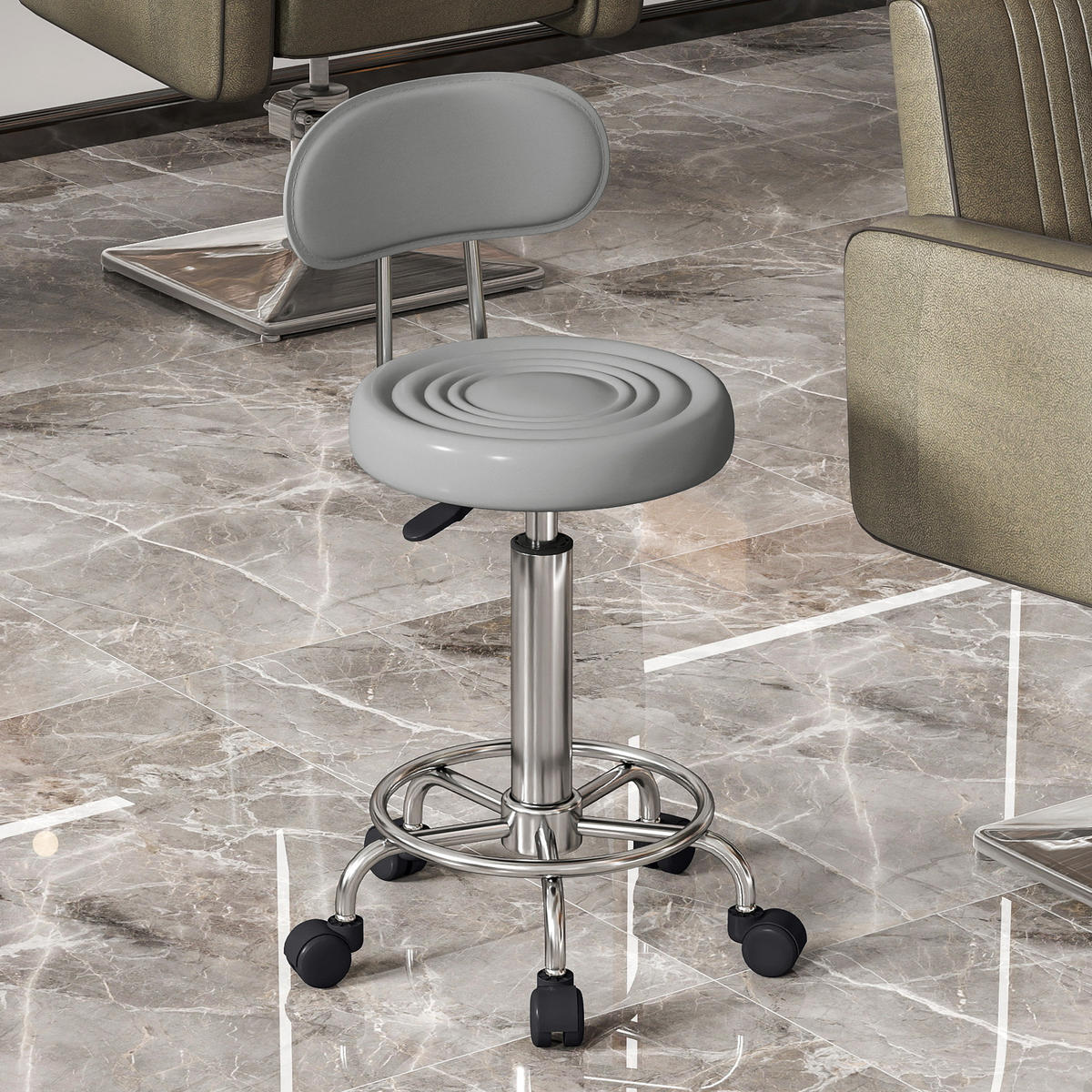 ROLLHOCKER höhenverstellbar Drehhocker Drehbar Salon Hocker mit Lehne, Rädern - Silberfarben/Grau, Kunststoff/Textil (32/86/40cm) - HOMCOM