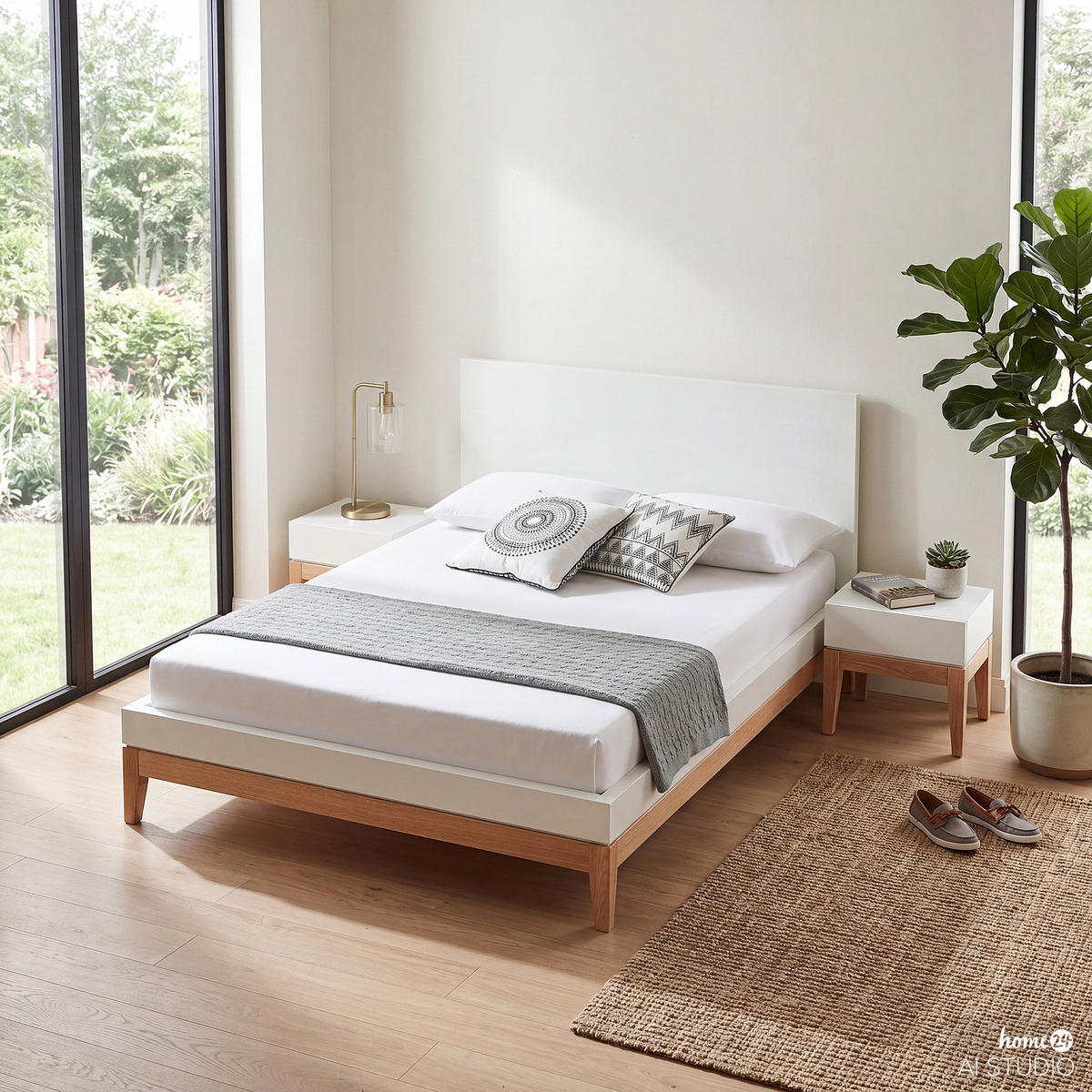 BETT - Höhe 96 cm - Beige/Weiß, Eichenholz/Holz (140/200cm) - home24
