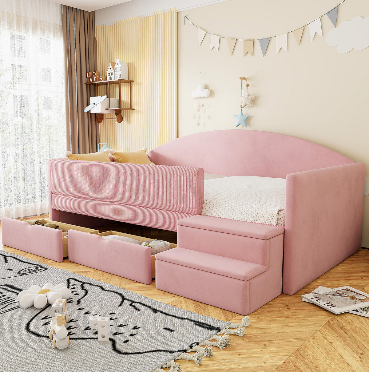 POLSTERBETT 90/190 cm aus Samt mit Schubladen und Stufen, Rosa - Pink, Textil (90/190cm) - OKMYHOME