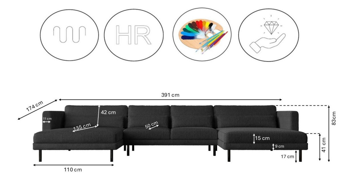 ECKSOFA DANI In U-Form Stilvolles Stoff Poso Schwarz - Schwarz, Holz/Textil (174/391cm) - Kaiser Möbel