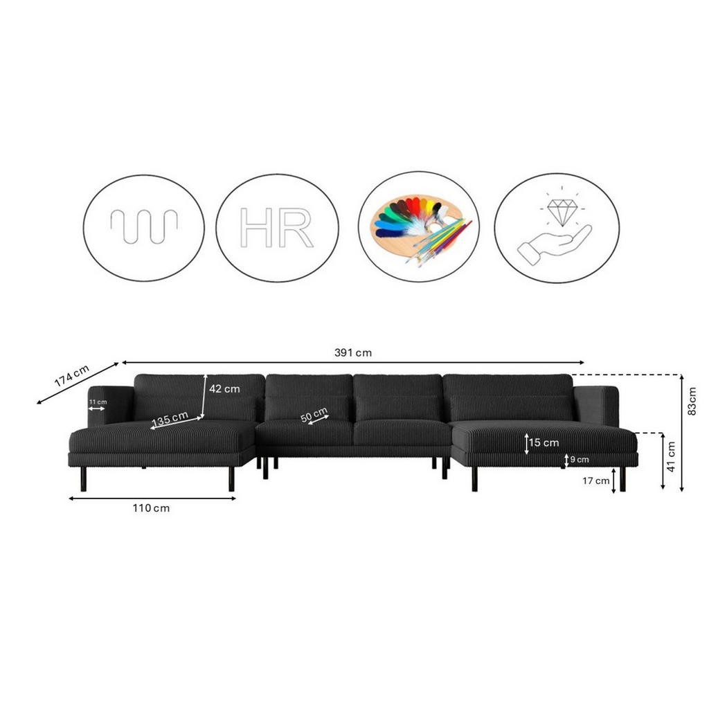 Thumbnail - Kaiser Möbel Ecksofa, Schwarz, Textil, 7-Sitzer, rund, 391x174 cm, Wohnzimmer, Sofas & Couches, Wohnlandschaften, Ecksof...