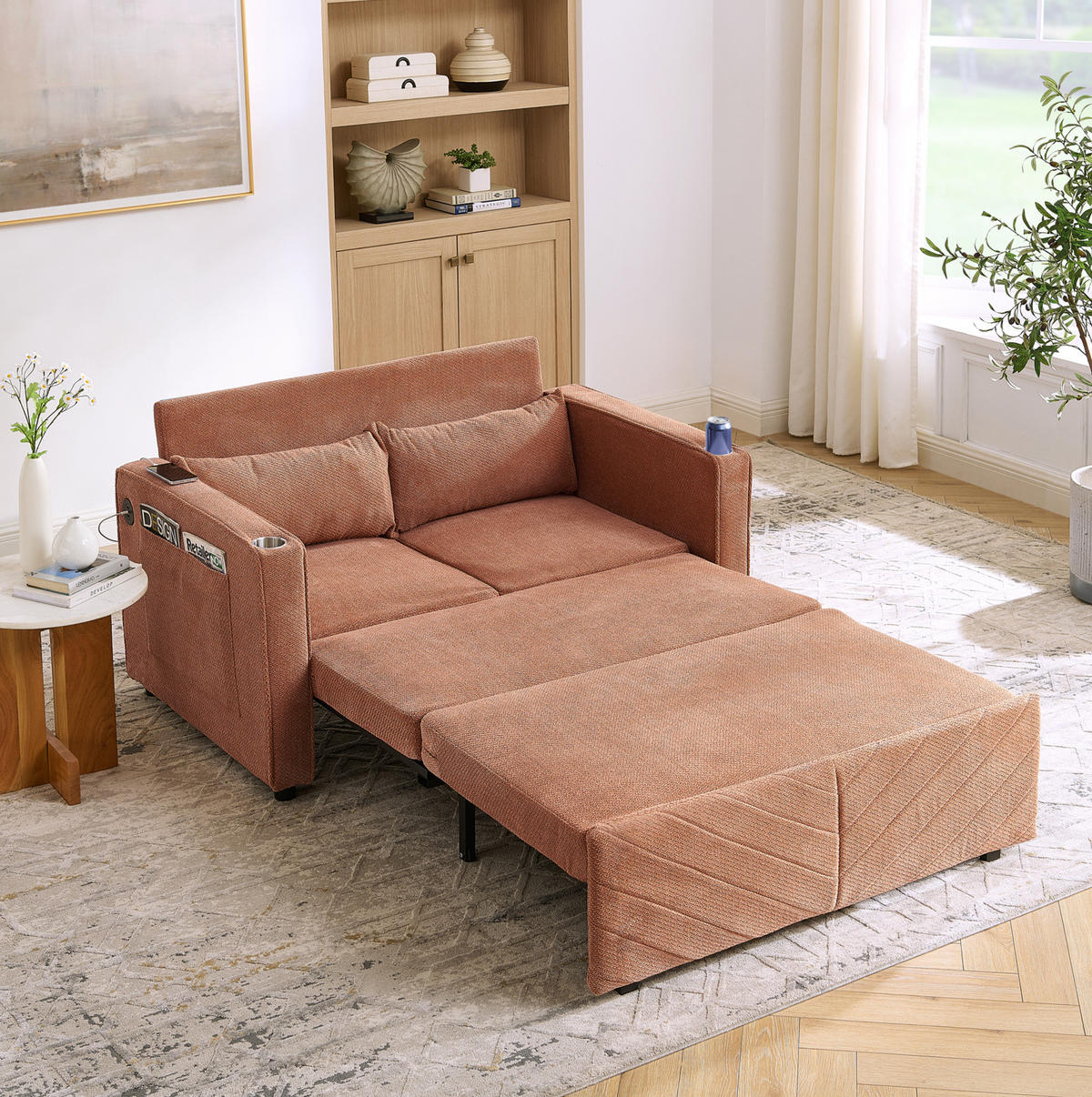 SCHLAFSOFA 3-in-1 mit USB-Ladeports Holz Stoff Orange - Orange, Holz (134/73/195cm) - Meubliv