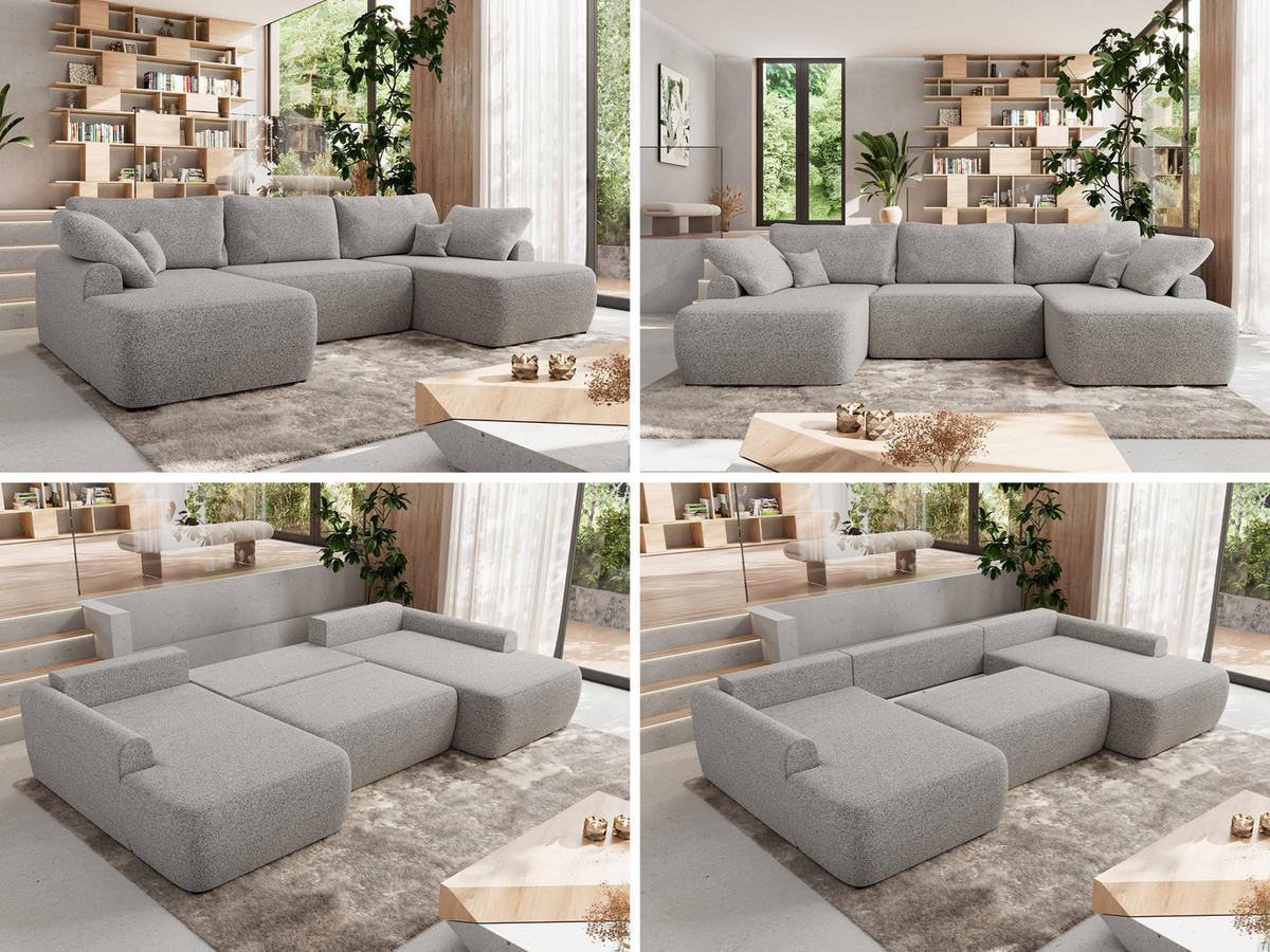 WOHNLANDSCHAFT CUBO U Hellgrau Struktur - Hellgrau/Schwarz, Kunststoff/Textil (370/100/187cm) - MKS