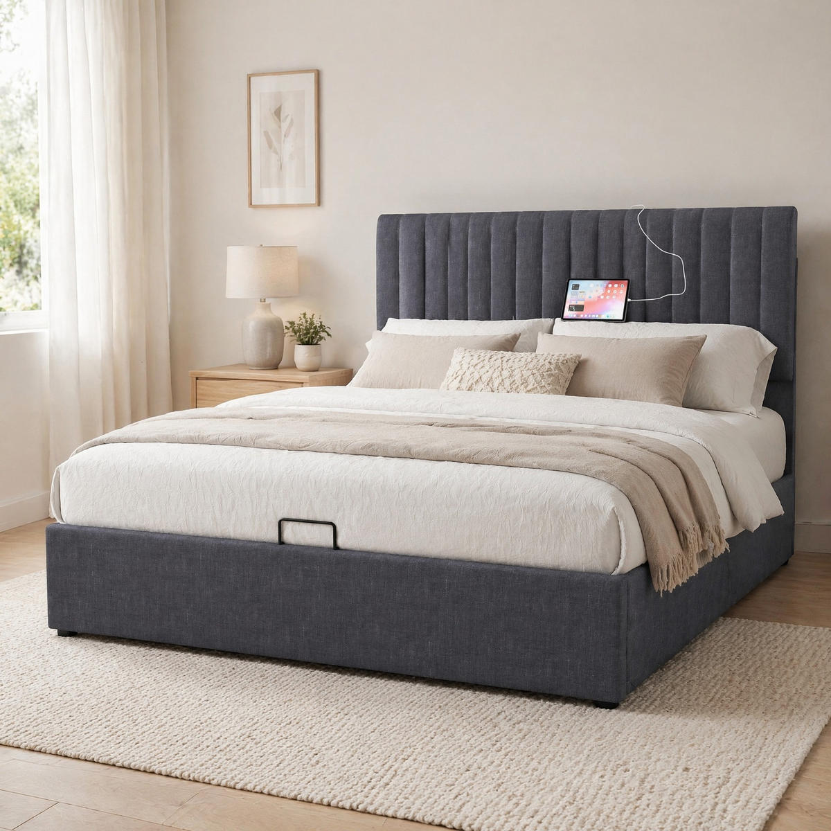 ČALOUNĚNÁ POSTEL 140/200 cm v šedé barvě s úložným prostorem, LED a USB-C - šedá, kov/kompozitní dřevo (140/200cm) - CHICFURN