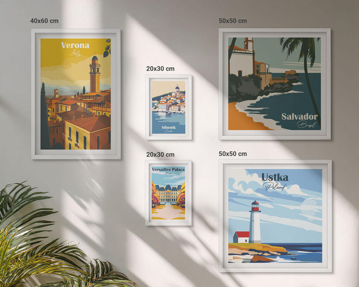 WANDBILDER 5er-Set - 50x50 cm & 20x30 cm & 40x60 cm Weißer Rahmen - Europäische Städte in farbigen Illustrationen - Weiß, Kunststoff (40/60cm) - ArtPrintCave