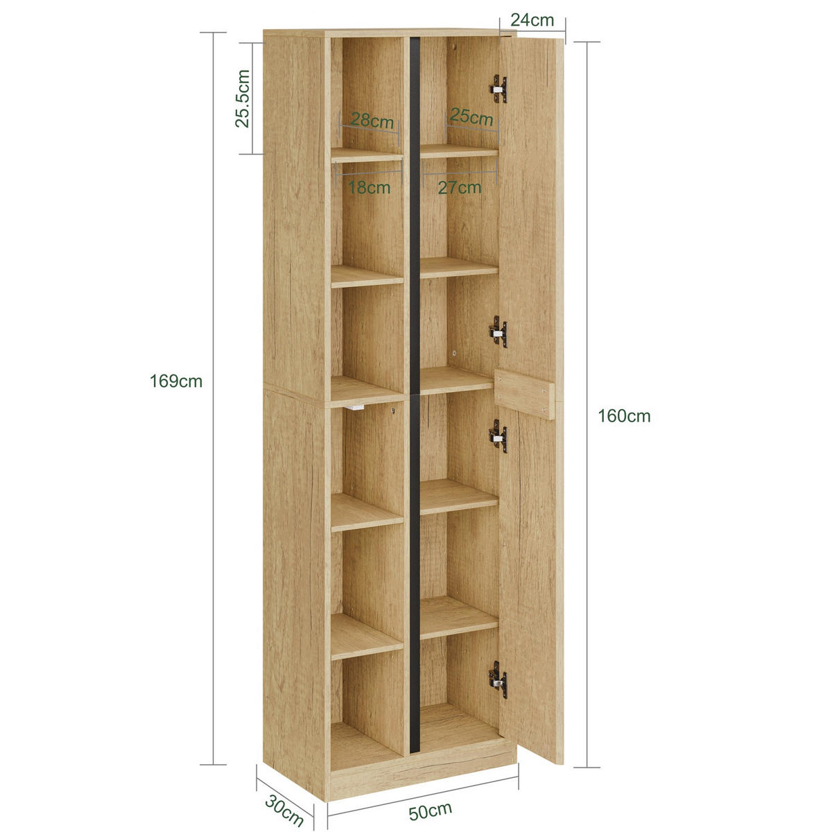 HOCHSCHRANK Badezimmerschrank mit Tür und offenen Regalfächern BZR237-E-N - Hellbraun/Eichefarben, Holzwerkstoff (30/180/50cm) - SoBuy