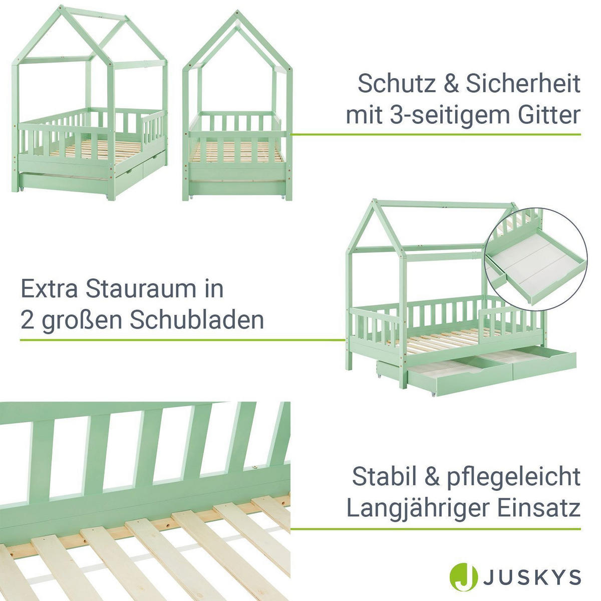 KINDERBETT Marli mit Matratze und Bettkasten mint 90x200 cm - Mintgrün, Holz (90/200cm) - Juskys