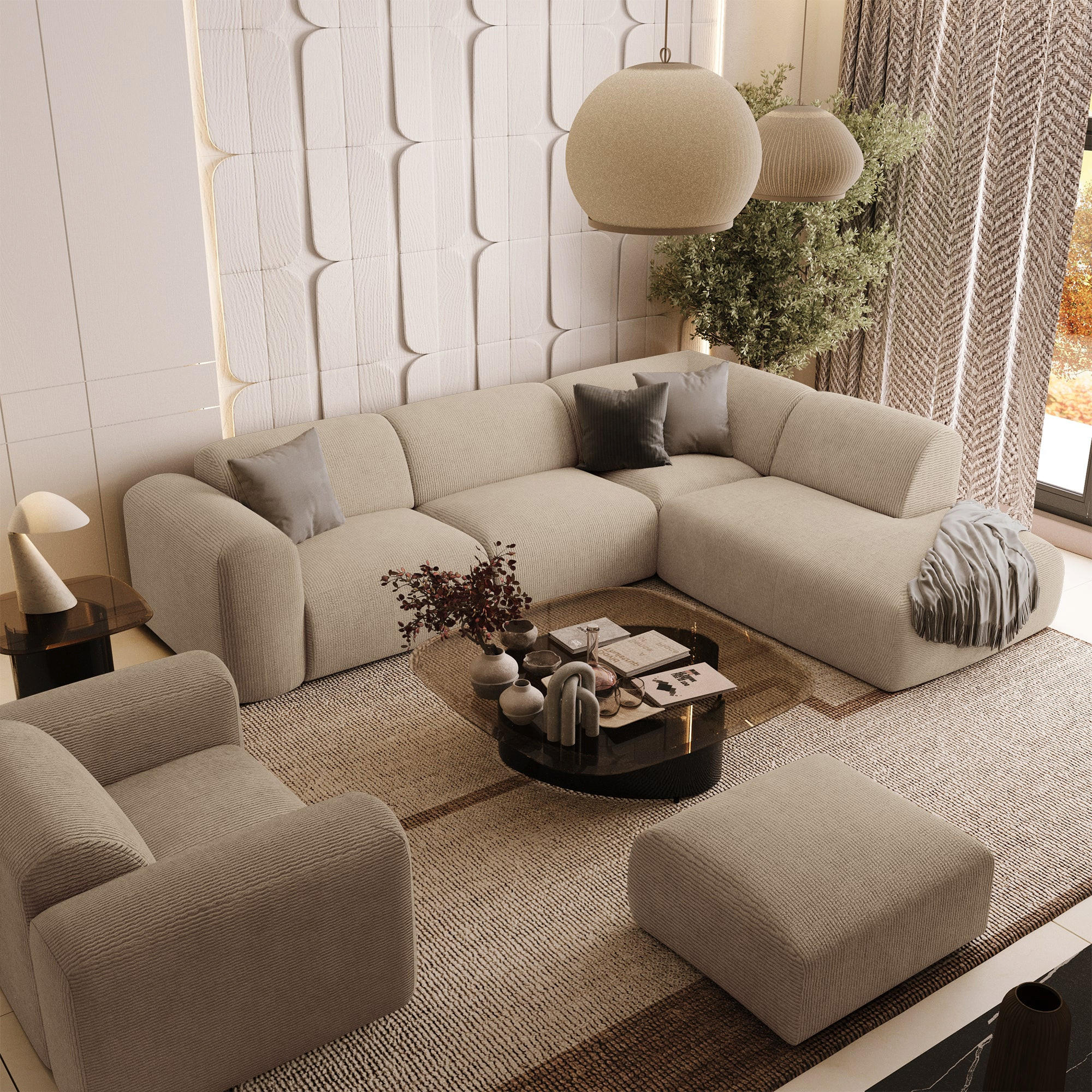 ECKSOFA RECHTS Gerippter Samt Beige 269cm - Beige, Textil (269/221cm) - Sia Home